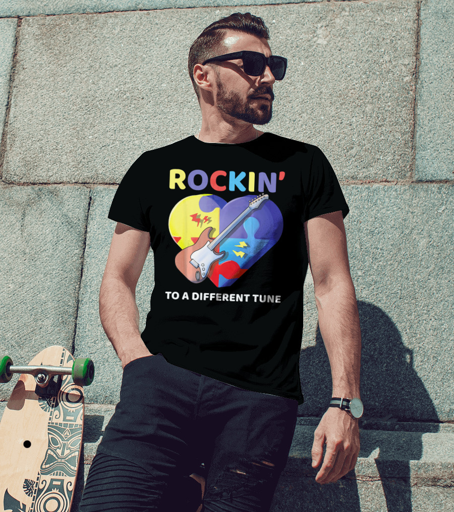 Rockin' To A Different Tune Autism Awareness Guitar Heart Puzzle T-Shirt