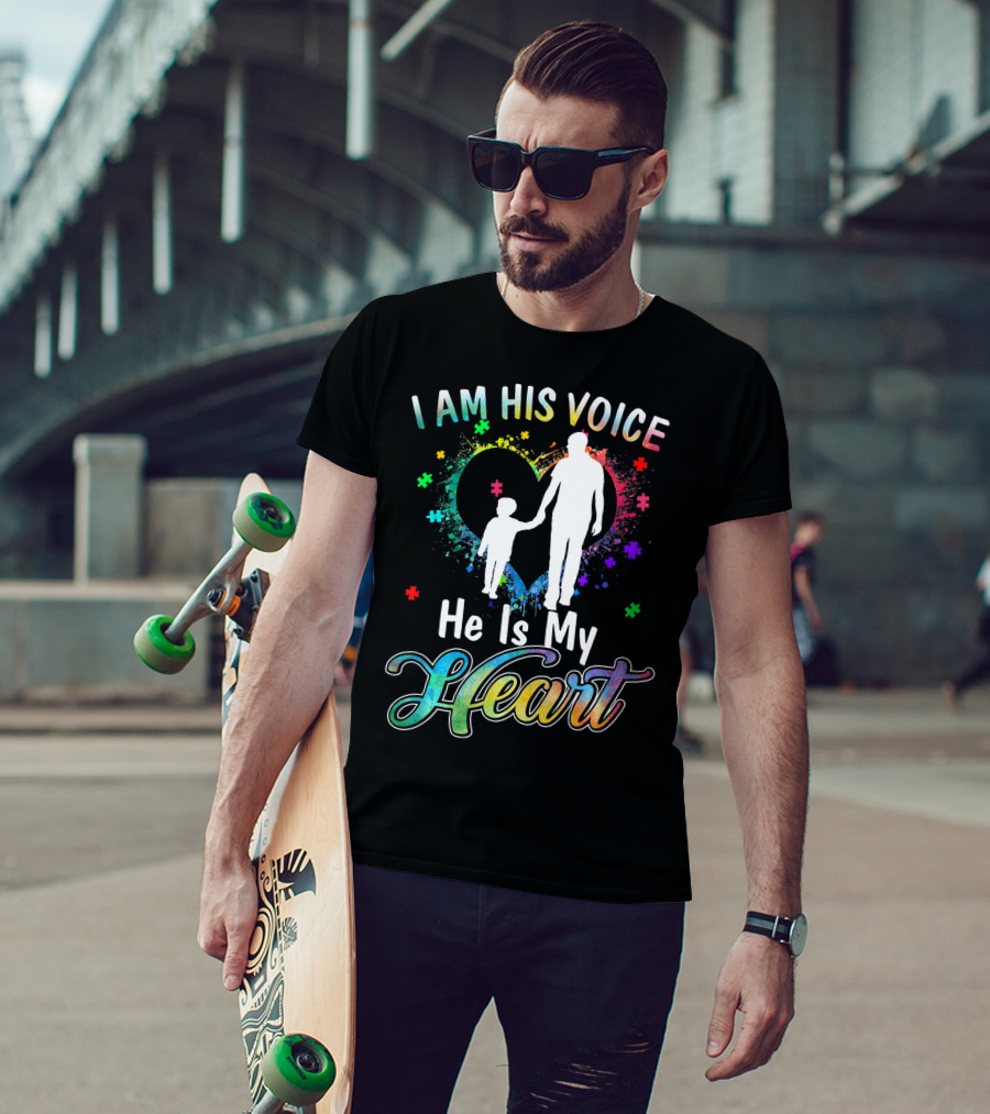 I Am His Voice He Is My Heart Autism Awareness Father And Child Silhouette With Colorful Puzzle T-Shirt