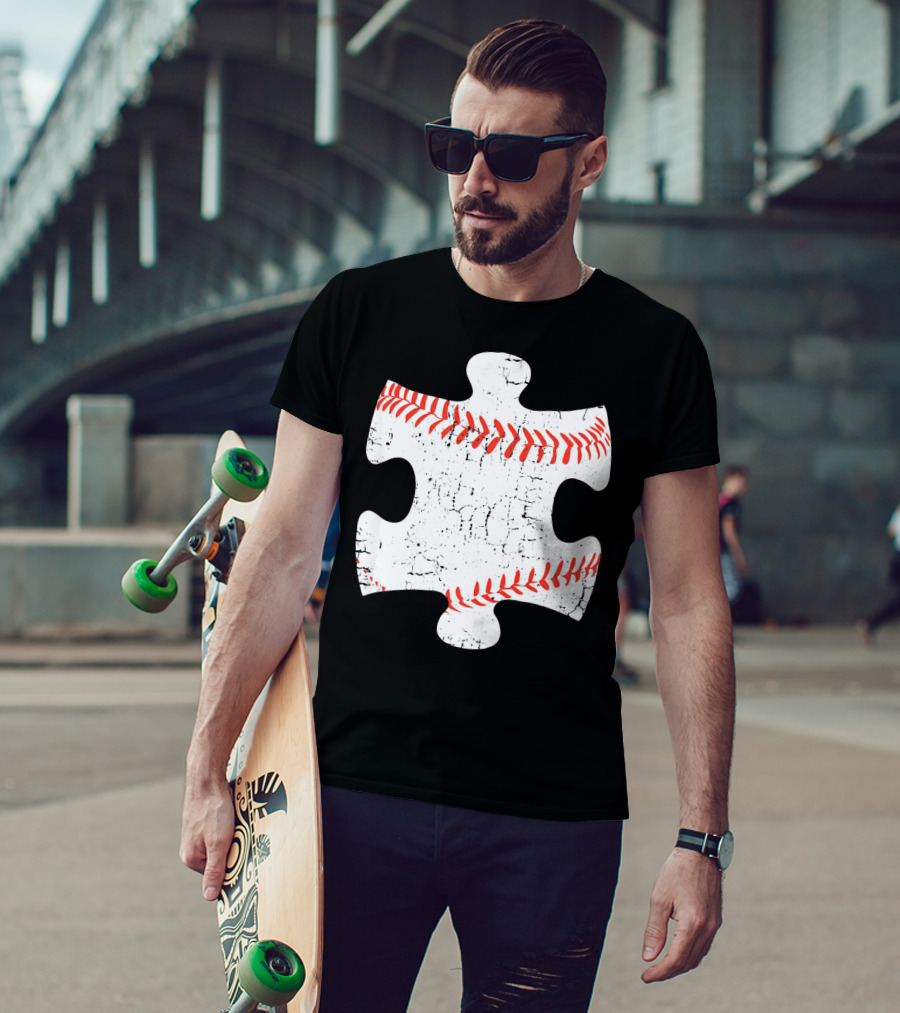 Baseball Stitch Puzzle Piece Autism Awareness T-Shirt