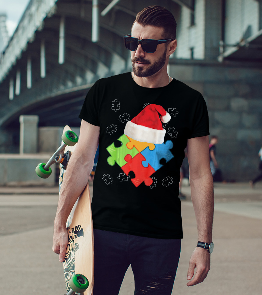 Autism Puzzle Pieces With Santa Hat Holiday T-Shirt