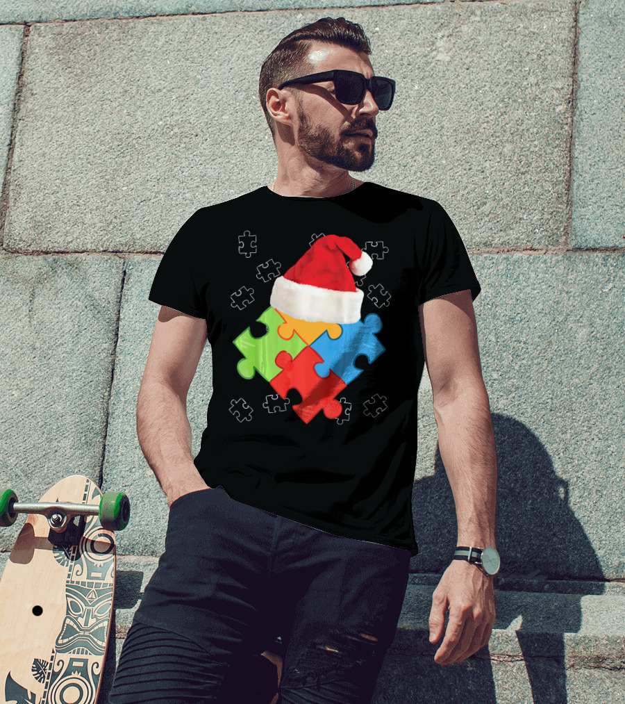 Autism Puzzle Pieces With Santa Hat Holiday T-Shirt