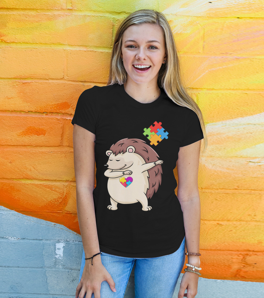 Hedgehog Dabbing With Puzzle Pieces Heart Autism Awareness T-Shirt