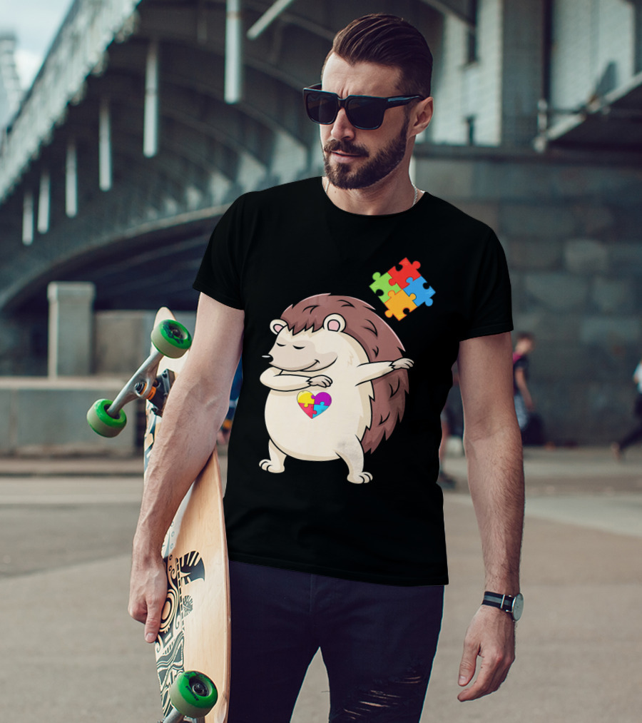 Hedgehog Dabbing With Puzzle Pieces Heart Autism Awareness T-Shirt