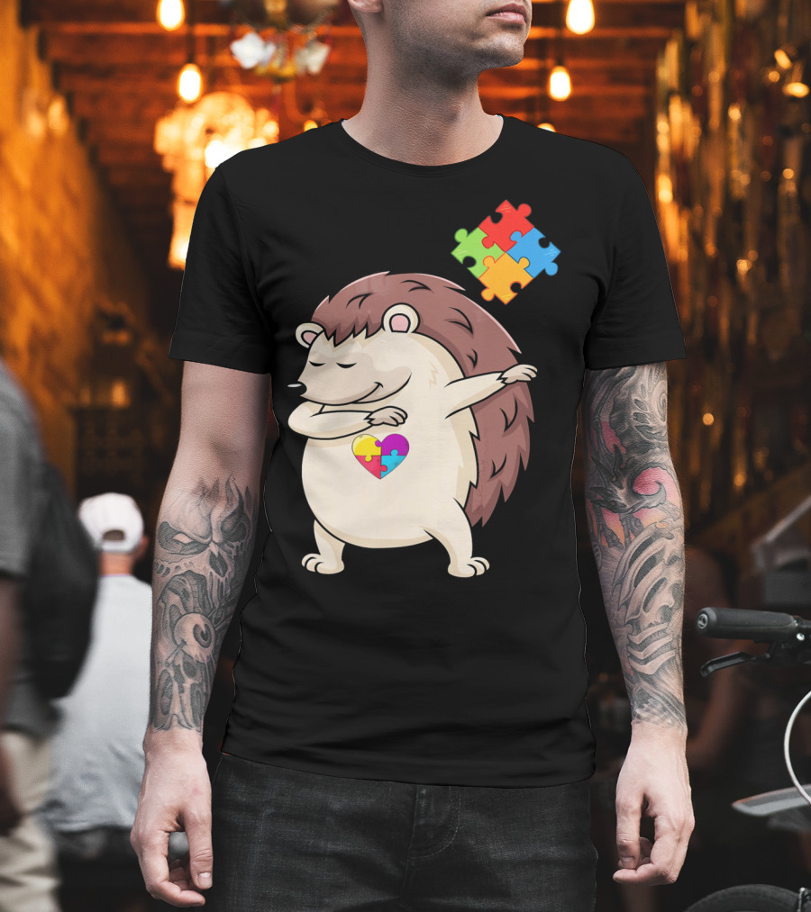 Hedgehog Dabbing With Puzzle Pieces Heart Autism Awareness T-Shirt