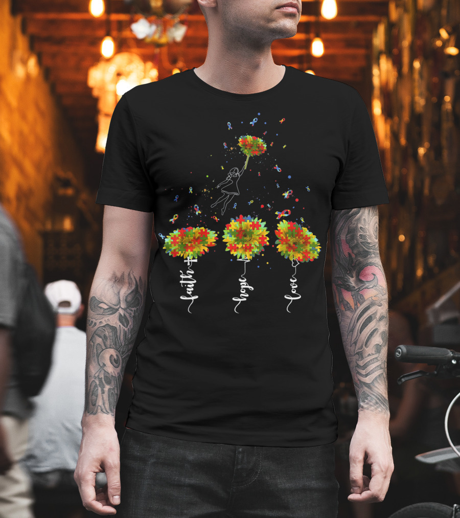 Faith Hope Love Sunflower Puzzle Pieces Balloon T-Shirt