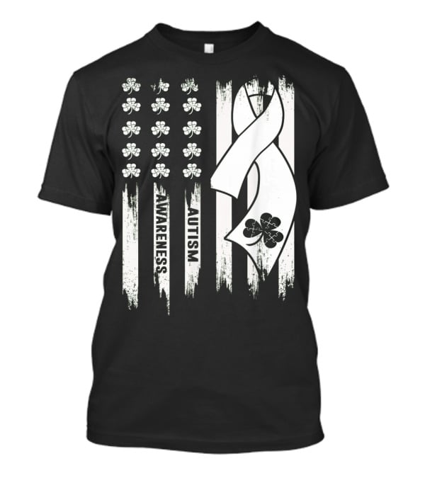 Autism Awareness Ribbon Patrick's Day American Flag Clover T-Shirt