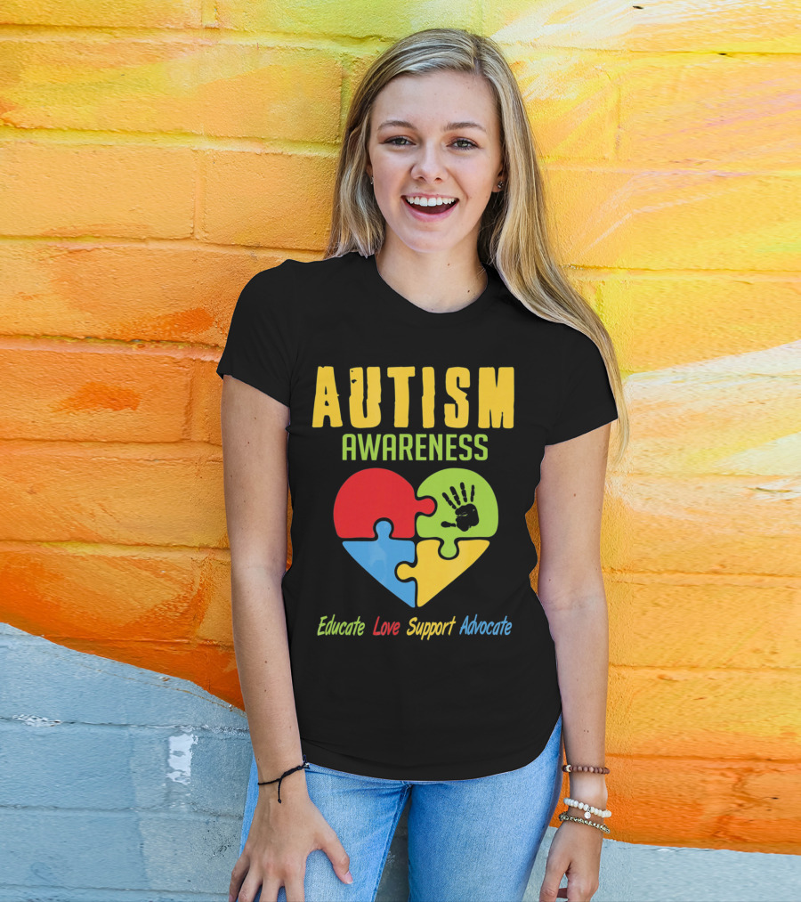 Autism Awareness Advocate Educate Love Support Puzzle Heart Handprint T-Shirt