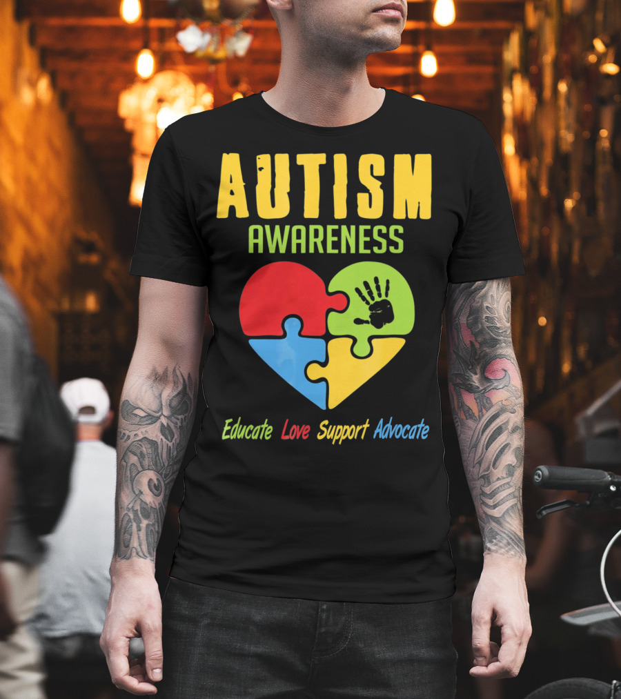 Autism Awareness Advocate Educate Love Support Puzzle Heart Handprint T-Shirt