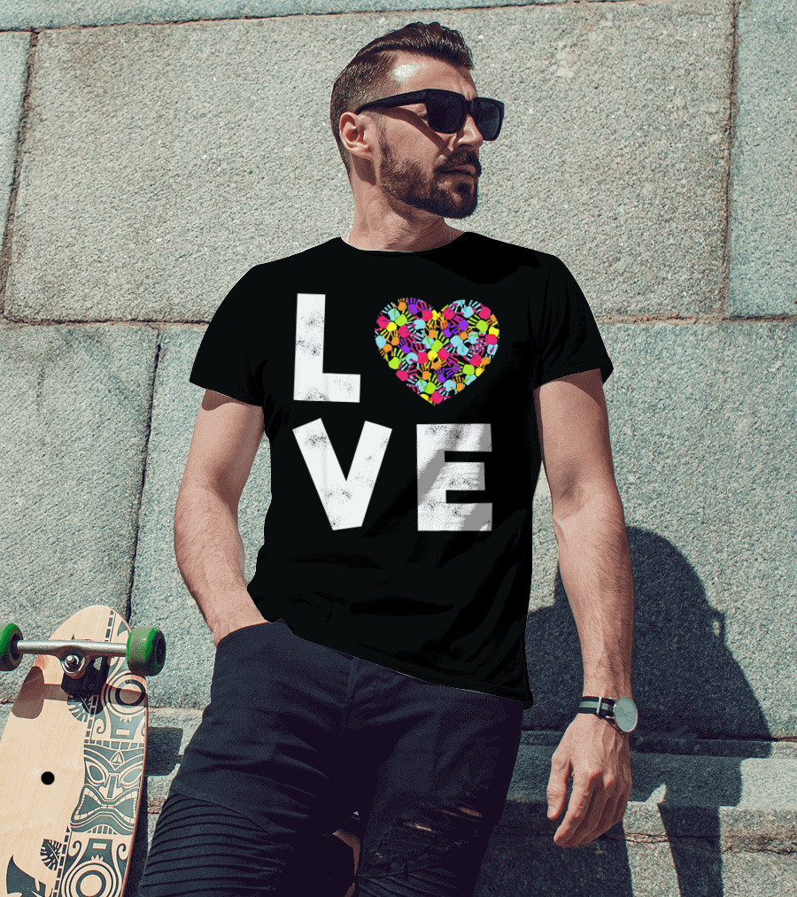 LOVE Heart With Colorful Handprints For Autism Awareness T-Shirt