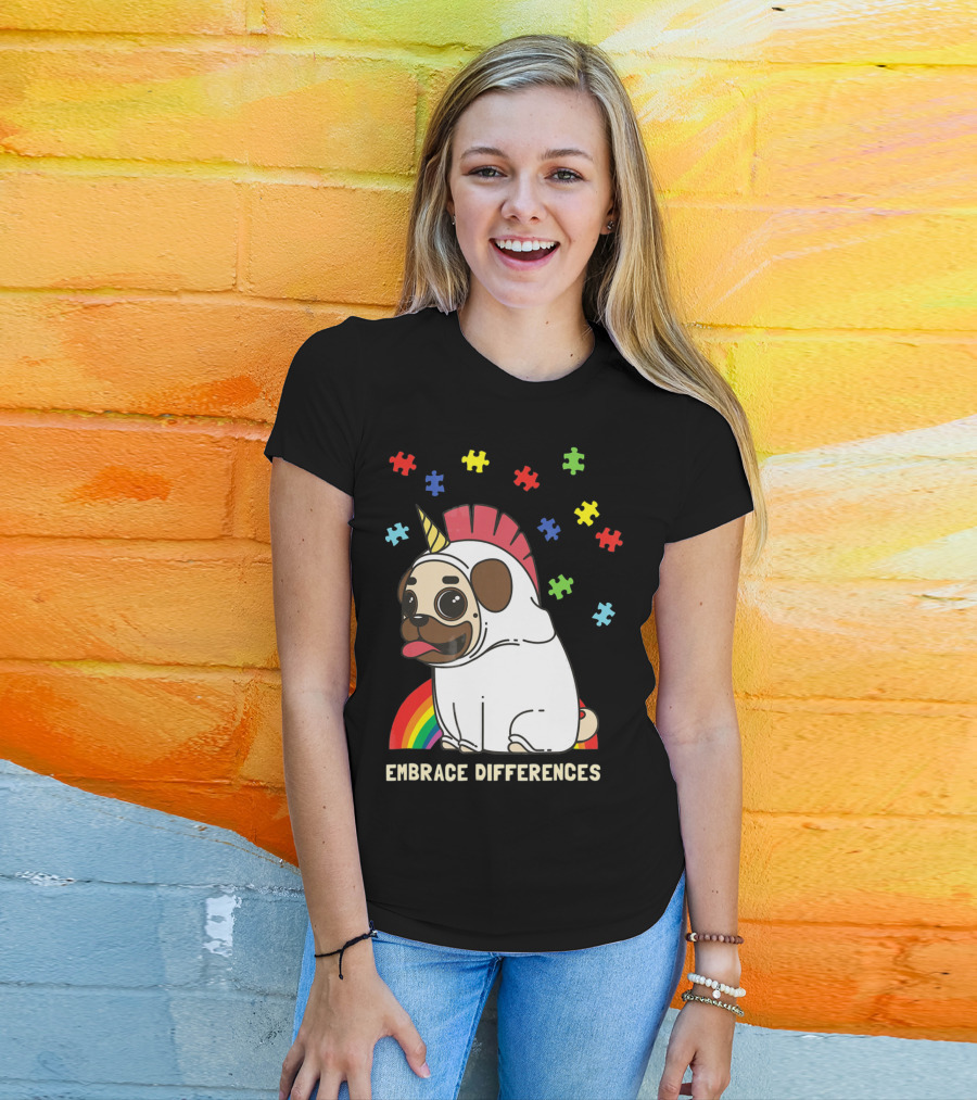 Embrace Differences Autism Awareness Unicorn Pug T-Shirt