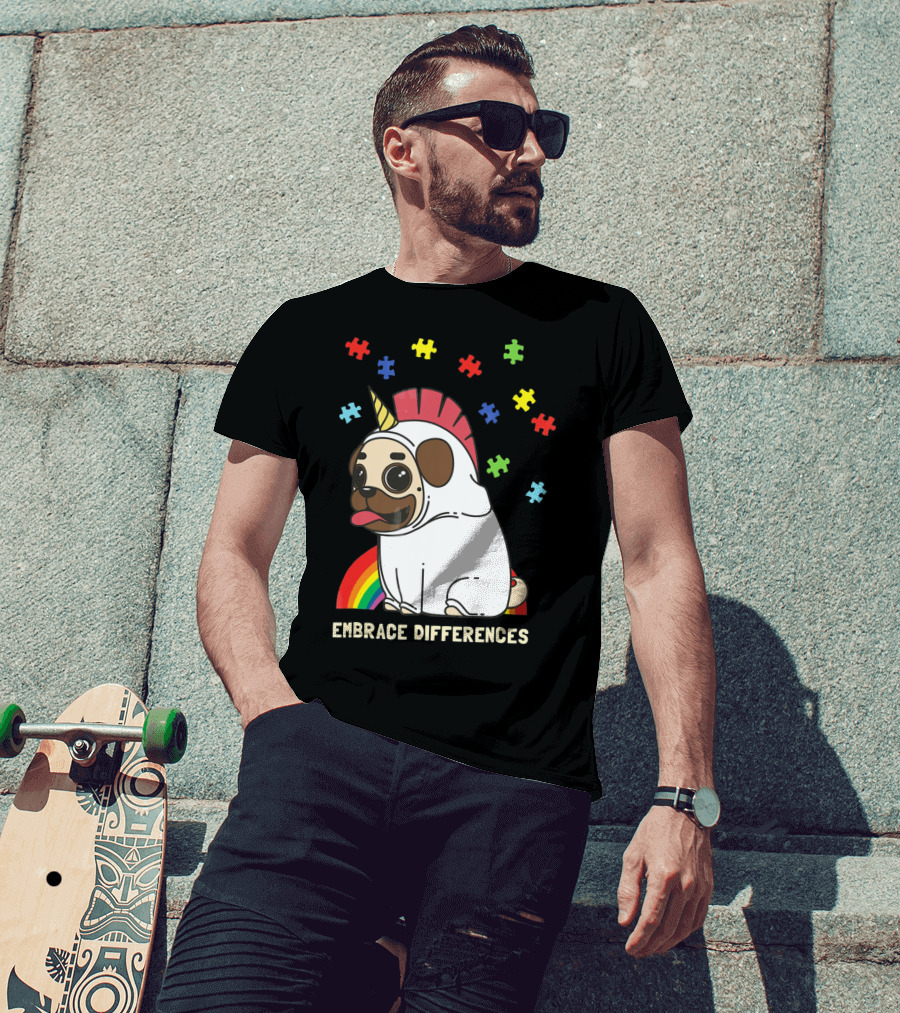 Embrace Differences Autism Awareness Unicorn Pug T-Shirt