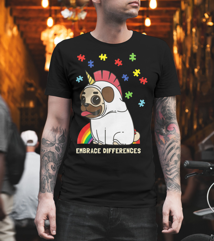 Embrace Differences Autism Awareness Unicorn Pug T-Shirt