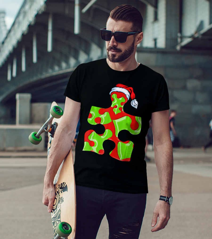 Puzzle Piece Santa Hat Red Green Autism Awareness T-Shirt