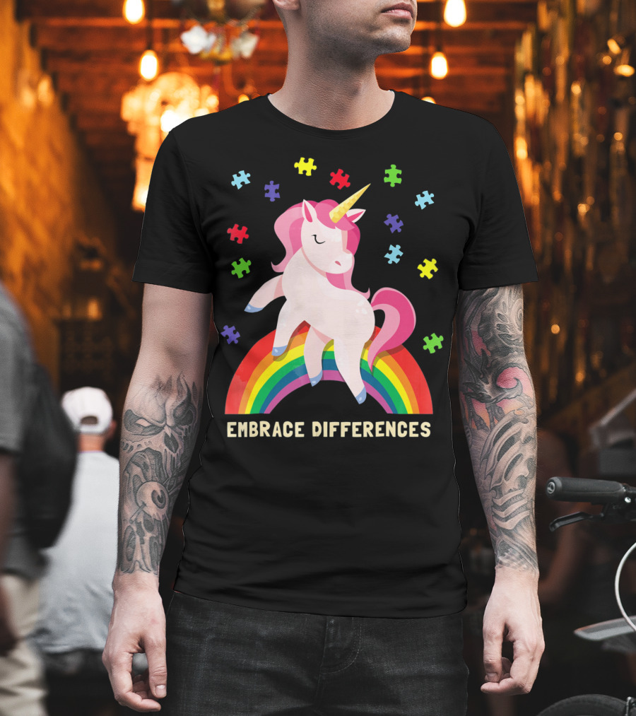 Embrace Differences Autism Awareness Youth Unicorn Rainbow Puzzle Pieces T-Shirt