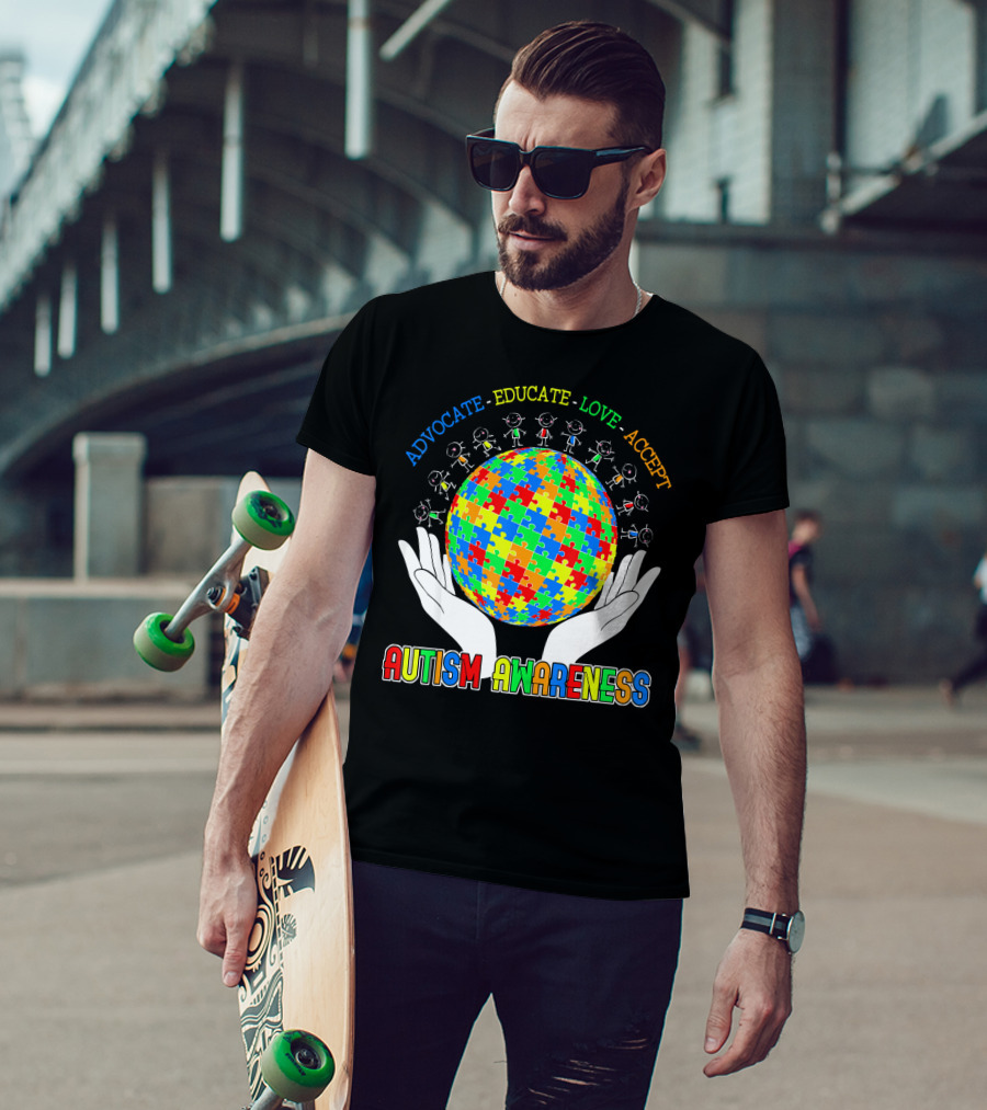Advocate Educate Love Accept Autism Awareness Puzzle Globe Hands T-Shirt