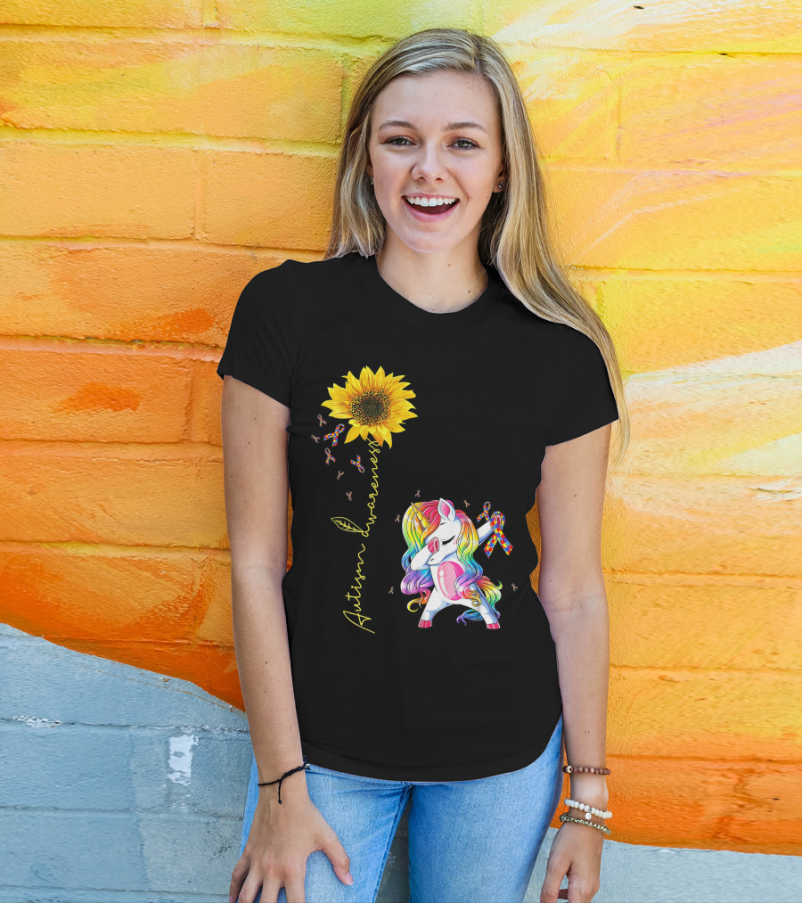 Autism Awareness Unicorn With Rainbow Ribbon Sunflower T-Shirt