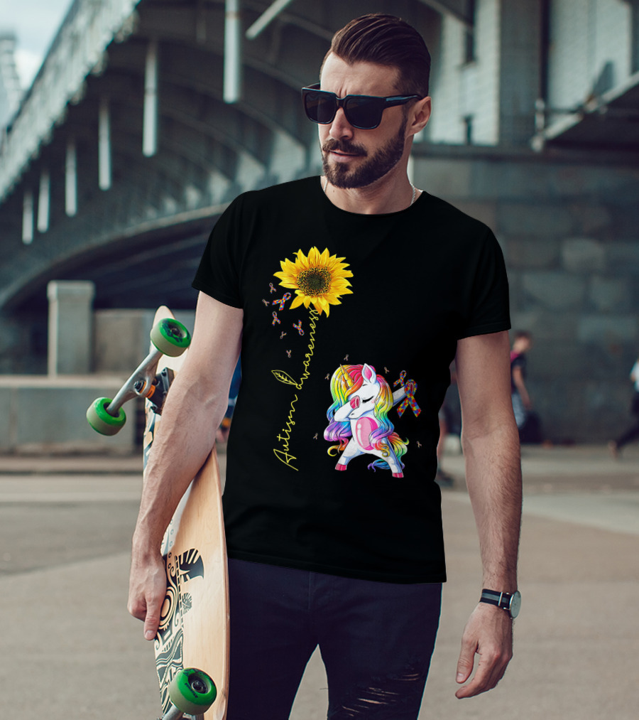 Autism Awareness Unicorn With Rainbow Ribbon Sunflower T-Shirt