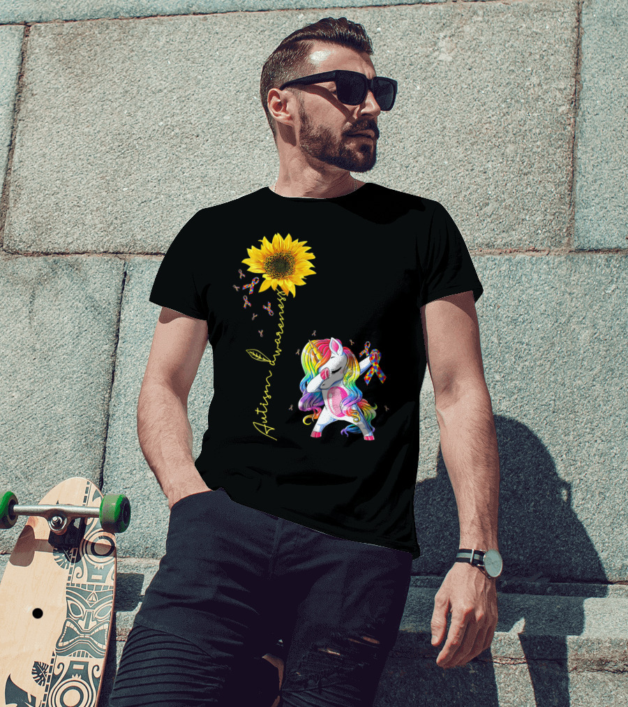 Autism Awareness Unicorn With Rainbow Ribbon Sunflower T-Shirt