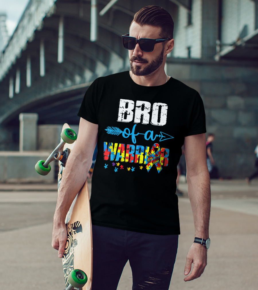 Bro Of A Warrior Autism Awareness Puzzle Ribbon Butterfly Arrow T-Shirt