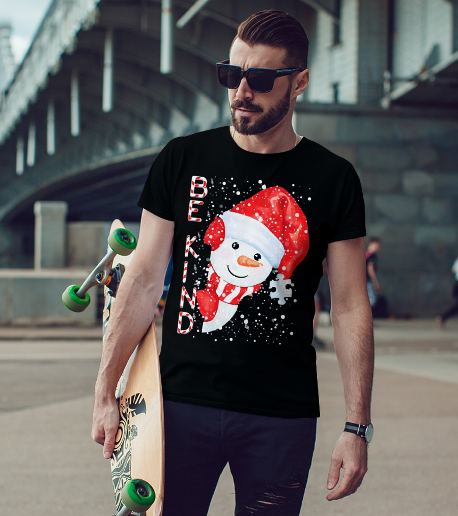 Be Kind Snowman Santa Hat Autism Puzzle Piece Holiday T-Shirt