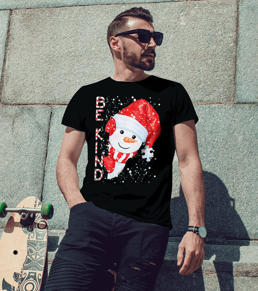 Be Kind Snowman Santa Hat Autism Puzzle Piece Holiday T-Shirt