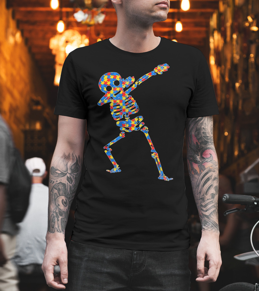 Halloween Autism Skeleton Dabbing Puzzle Pattern Awareness T-Shirt