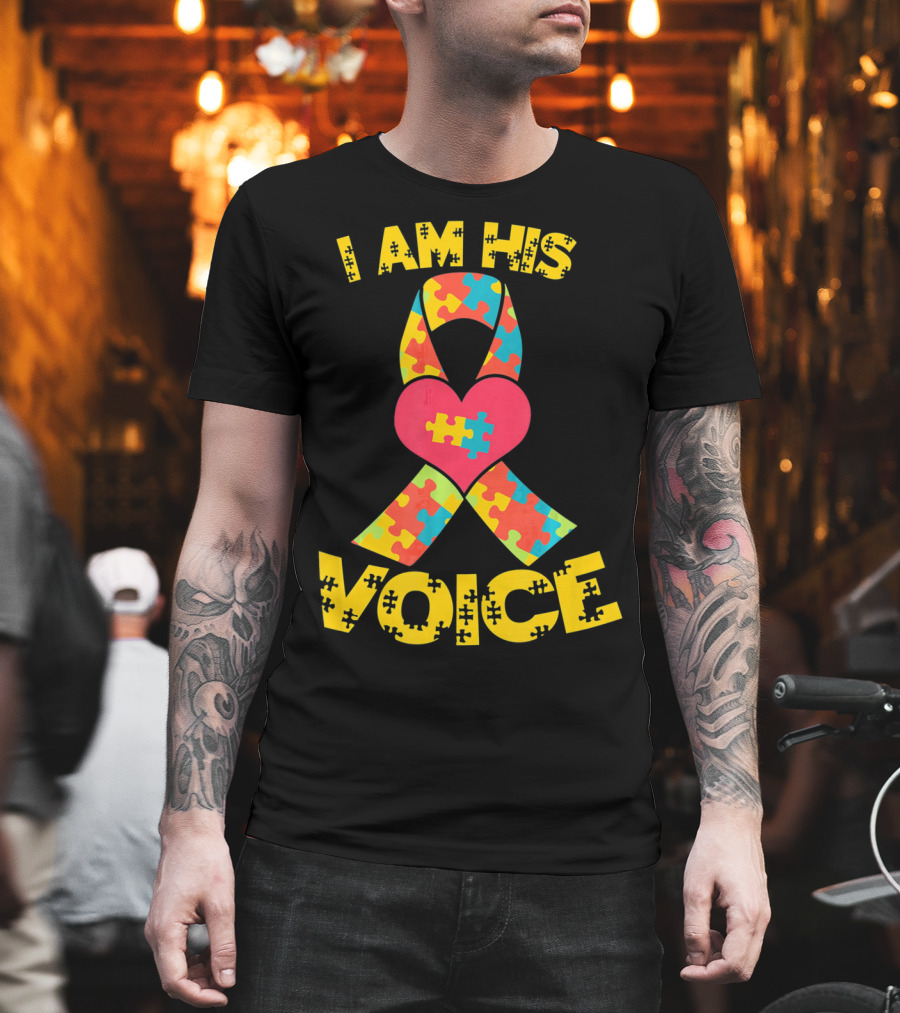 I Am His Voice Autism Awareness Puzzle Ribbon Heart T-Shirt