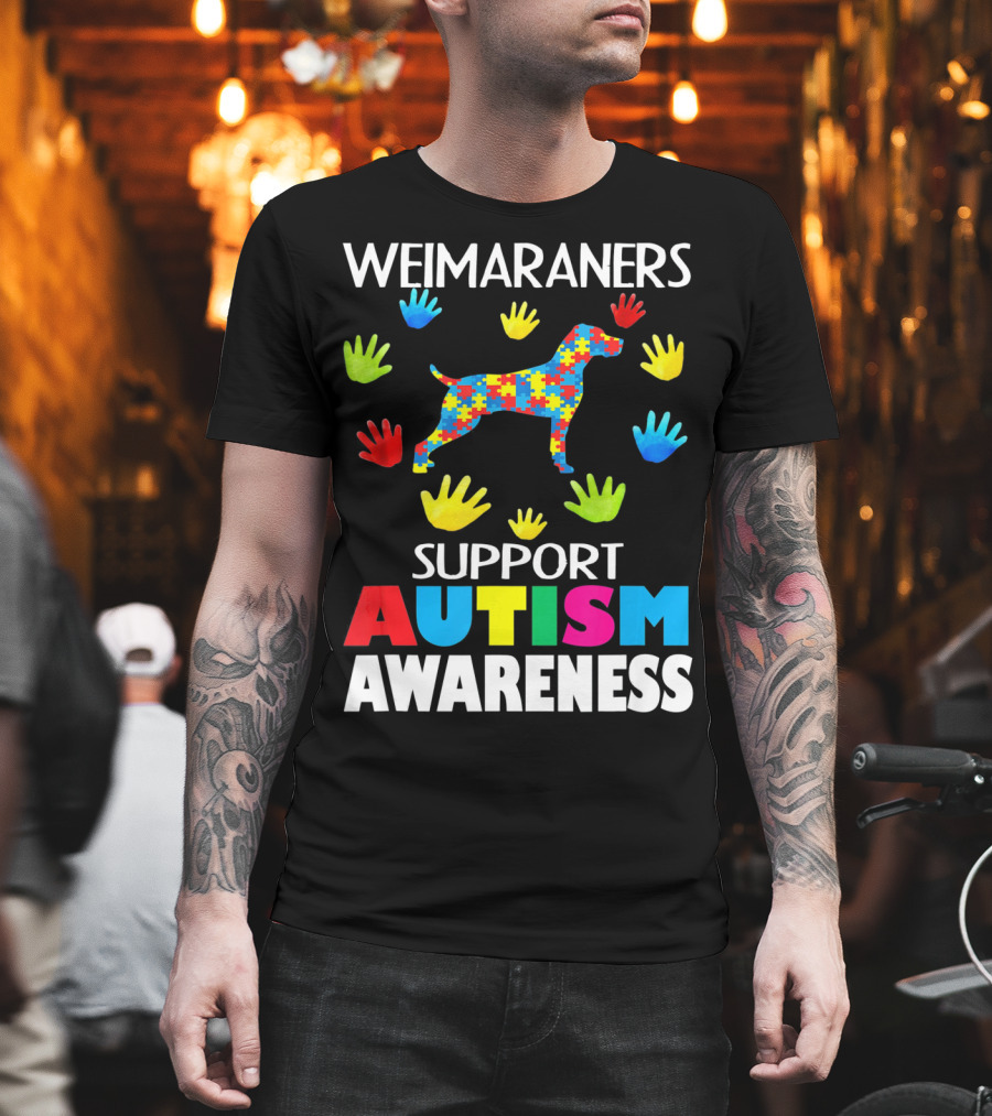 Weimaraners Support Autism Awareness Puzzle Piece Dog with Colorful Hands T-Shirt