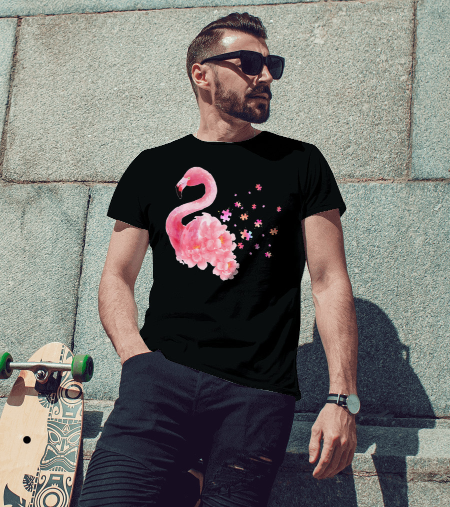 Flamingo Puzzle Autism Awareness Floral Elements T-Shirt