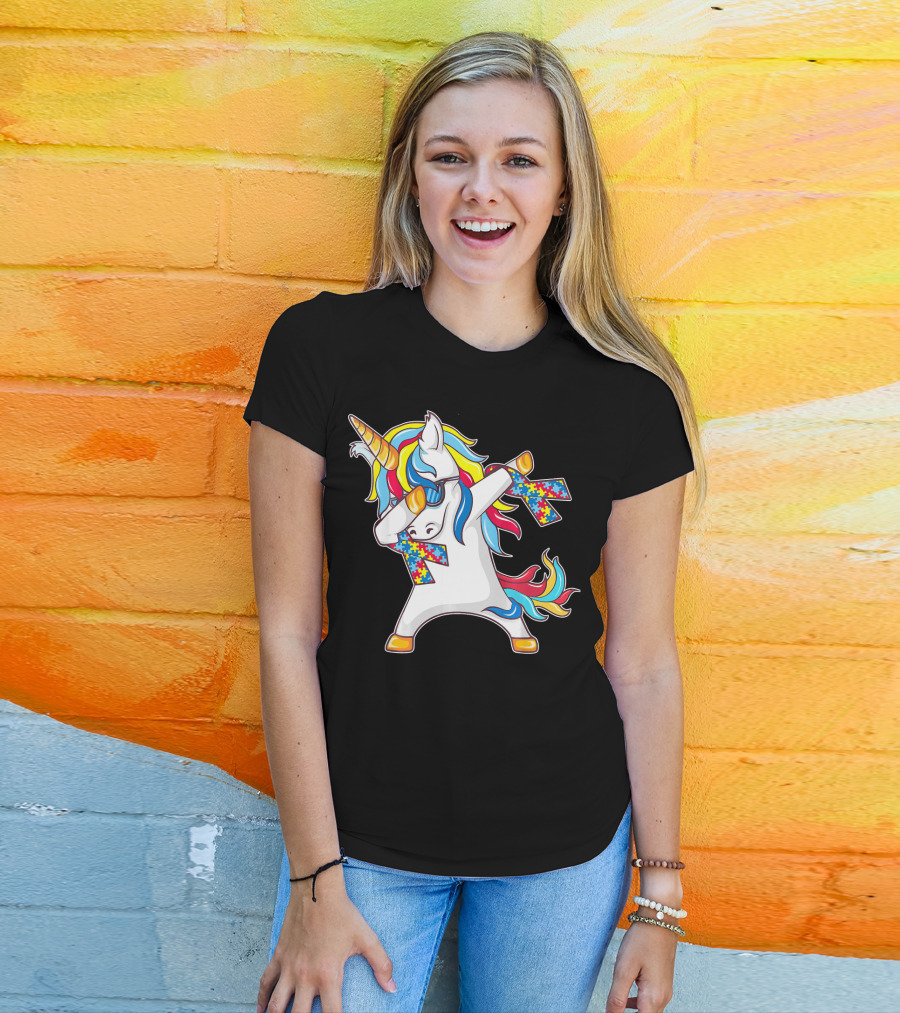 Autism Awareness Unicorn With Colorful Puzzle Dabbing Pose T-Shirt