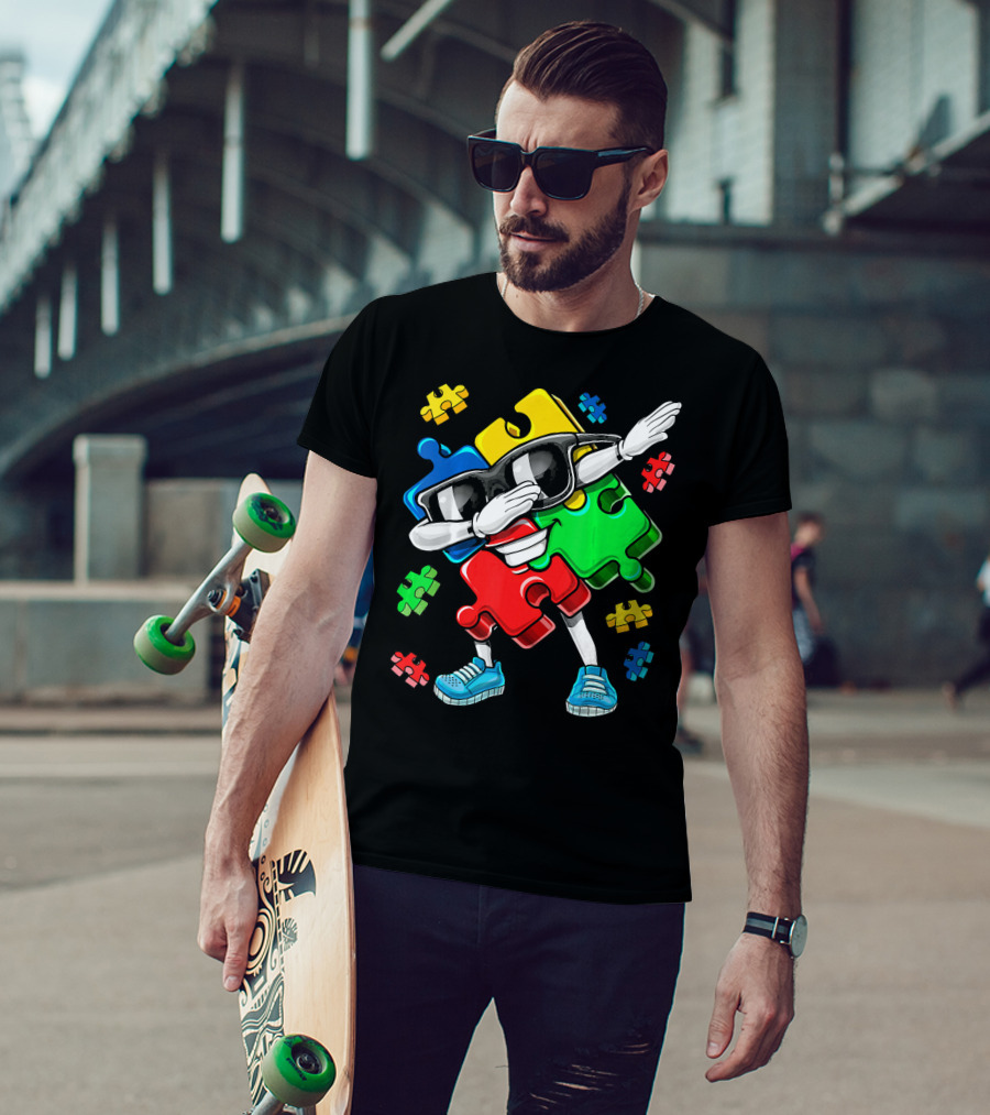 Autism Awareness Cool Dabbing Puzzle Piece Character T-Shirt
