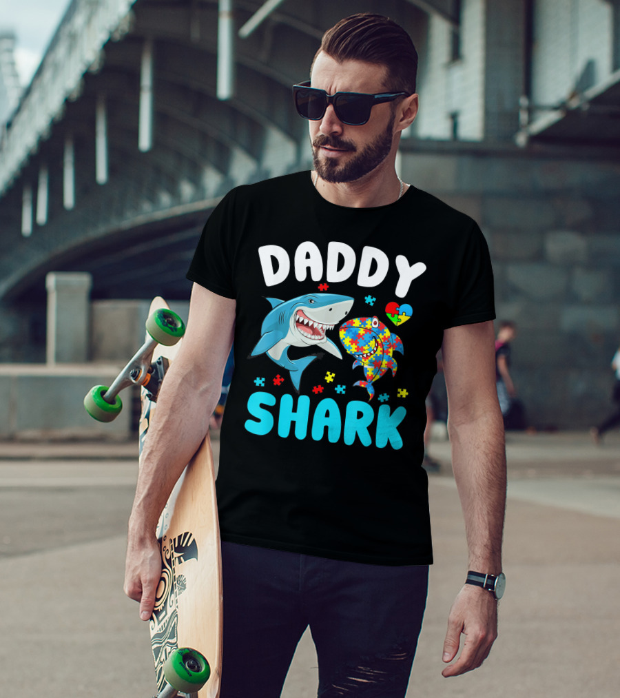 Daddy Shark Autism Awareness Puzzle Heart T-Shirt