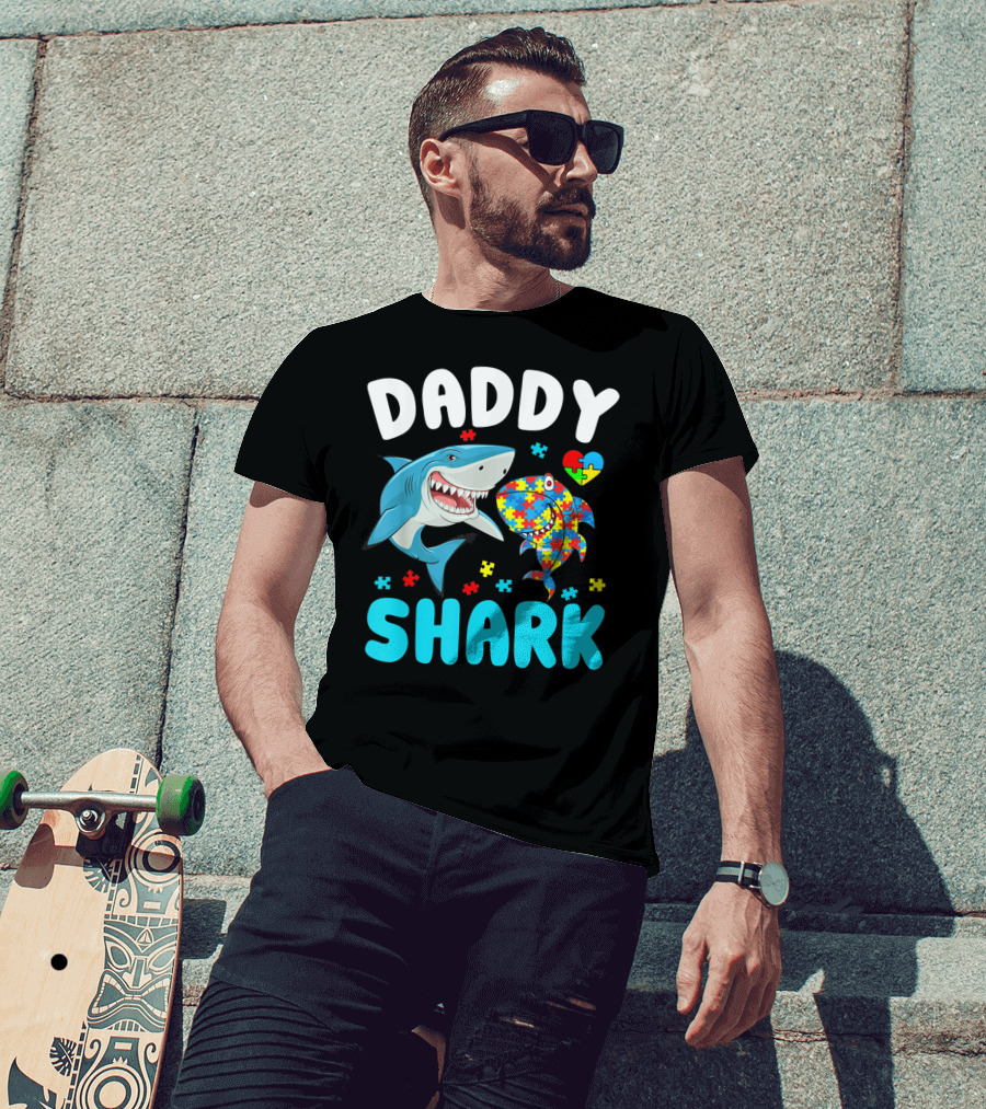 Daddy Shark Autism Awareness Puzzle Heart T-Shirt
