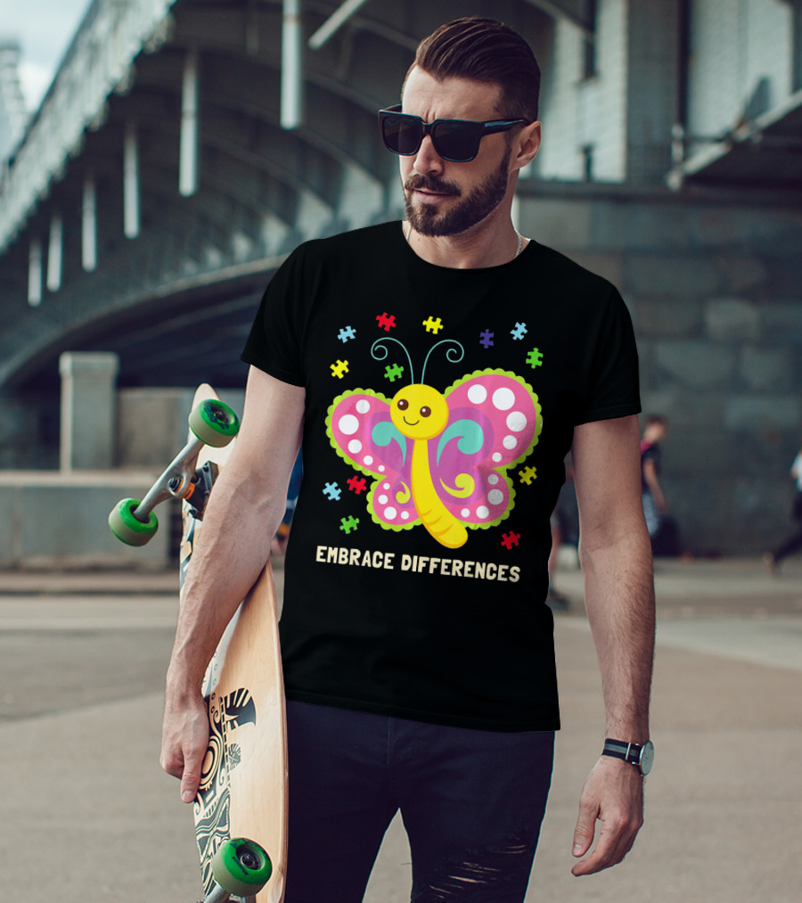 Embrace Differences Autism Awareness Boy Girl Butterfly Puzzle Pieces T-Shirt