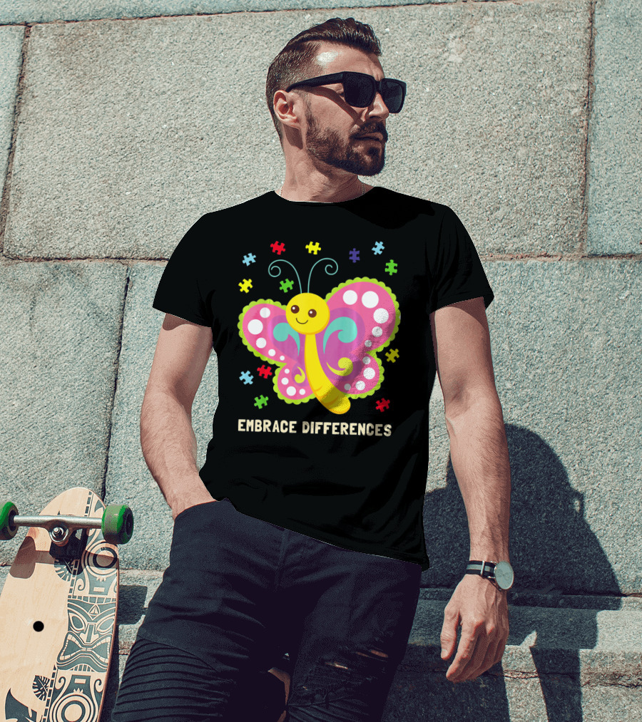 Embrace Differences Autism Awareness Boy Girl Butterfly Puzzle Pieces T-Shirt