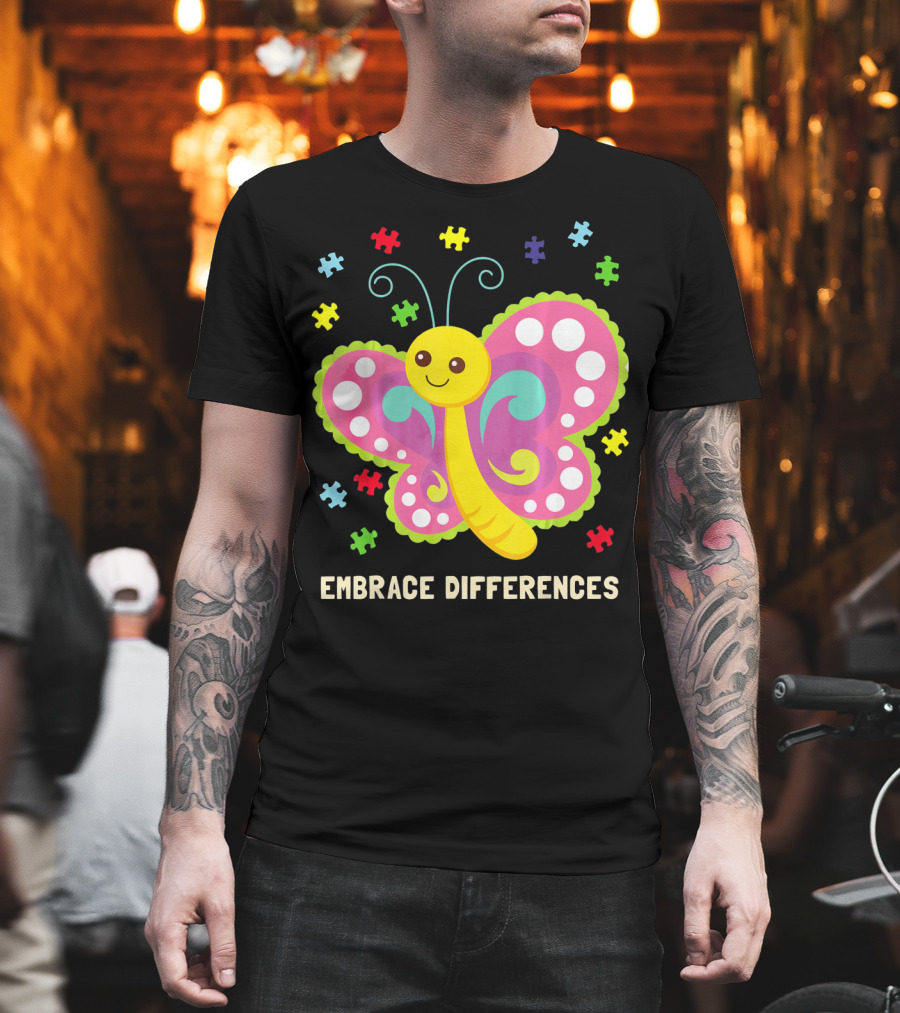 Embrace Differences Autism Awareness Boy Girl Butterfly Puzzle Pieces T-Shirt