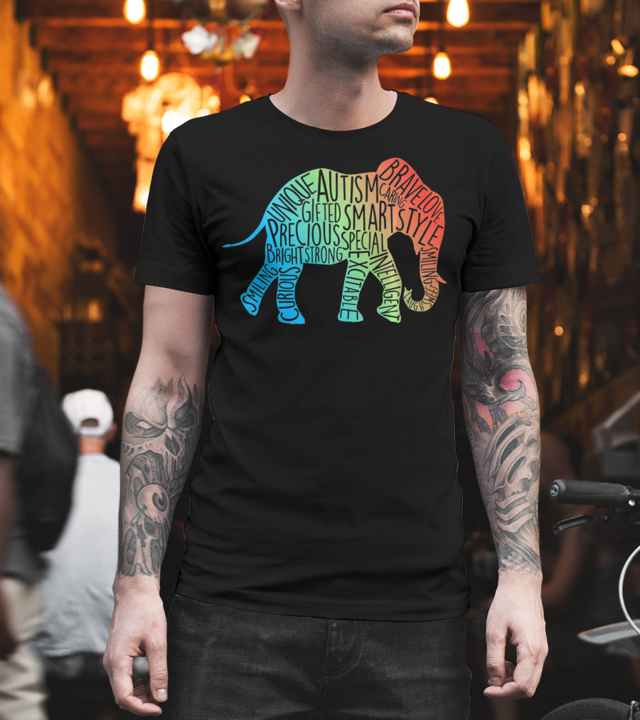 Autism Awareness Elephant Collage Brave Unique Precious Bright Smart Strong T-Shirt