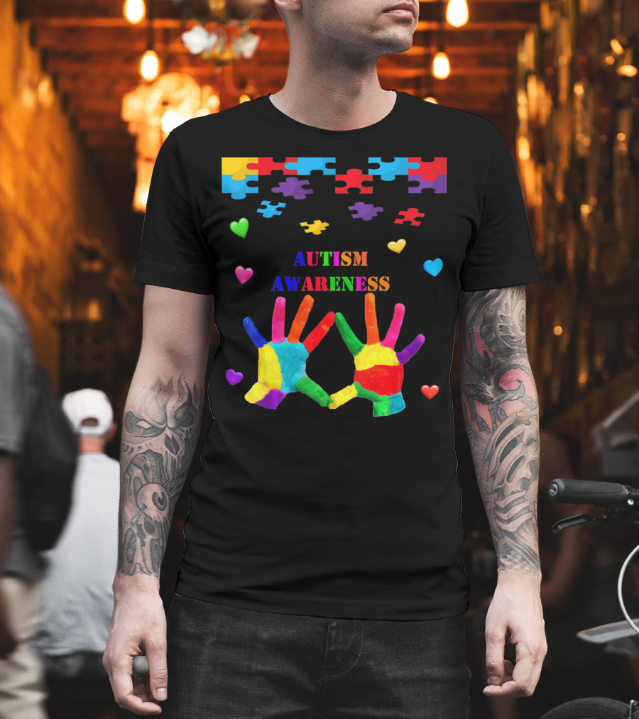 Autism Awareness Colorful Hands with Puzzle Pieces and Hearts T-Shirt