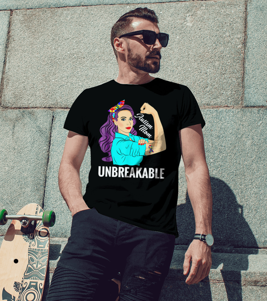 Autism Mom Unbreakable Awareness Rosie The Riveter With Puzzle T-Shirt