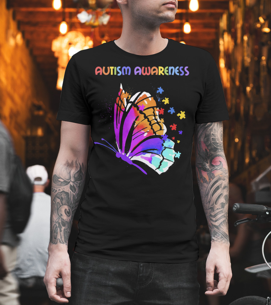 Autism Awareness Colorful Butterfly With Puzzle Pieces T-Shirt