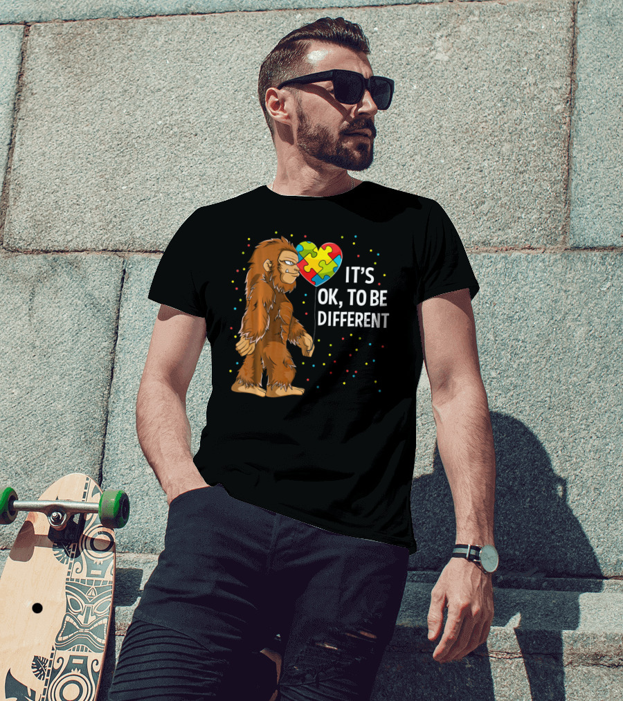 Autism Awareness Bigfoot Heart Puzzle It's OK To Be Different T-Shirt