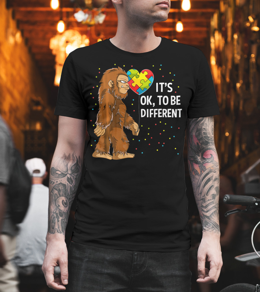 Autism Awareness Bigfoot Heart Puzzle It's OK To Be Different T-Shirt