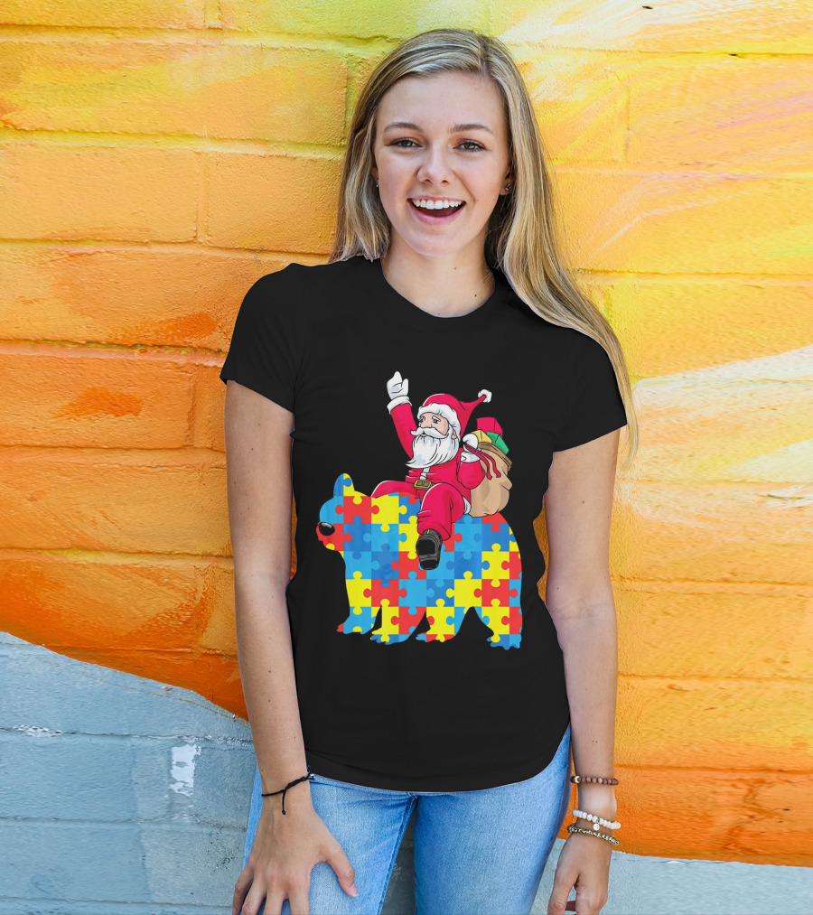 Santa Claus Riding Puzzle Piece Bear Autism Awareness T-Shirt