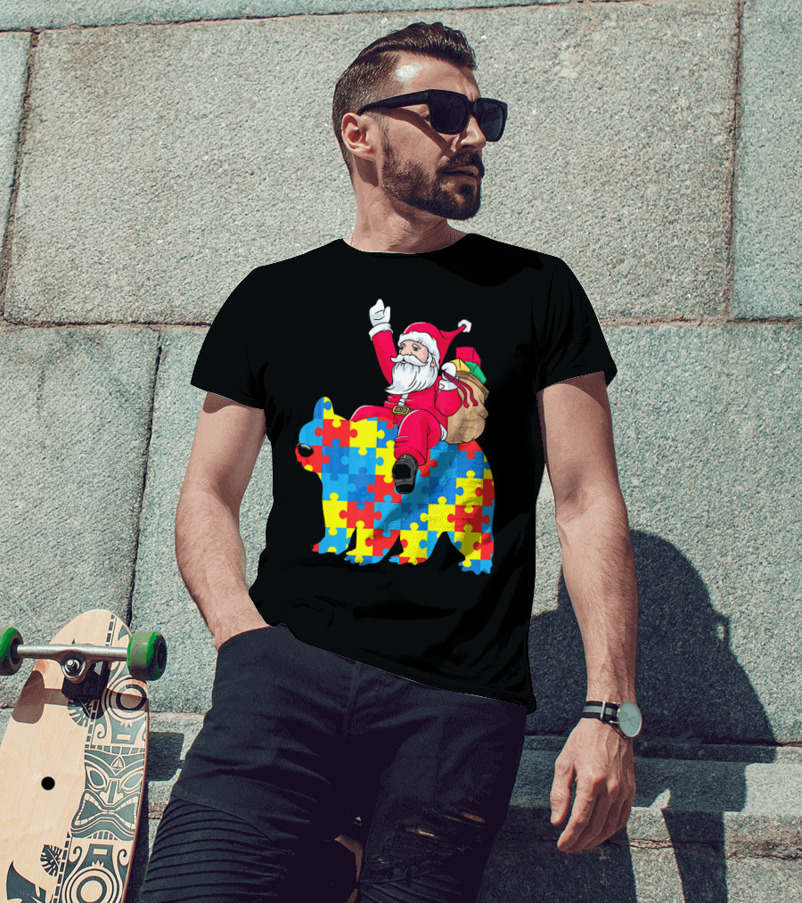 Santa Claus Riding Puzzle Piece Bear Autism Awareness T-Shirt