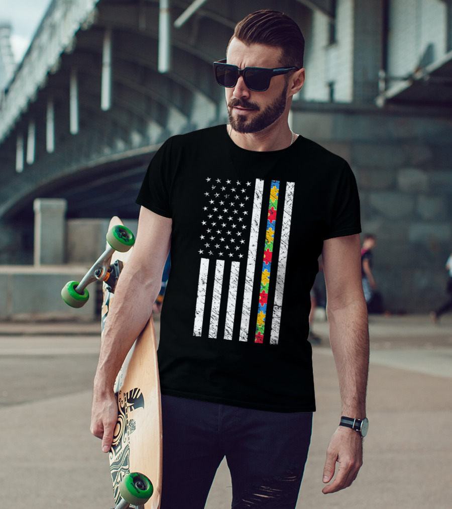 Autism Awareness American Flag Puzzle Piece T-Shirt