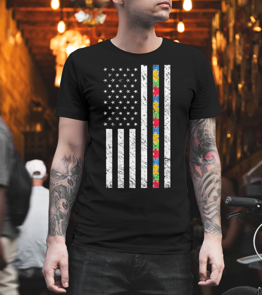 Autism Awareness American Flag Puzzle Piece T-Shirt