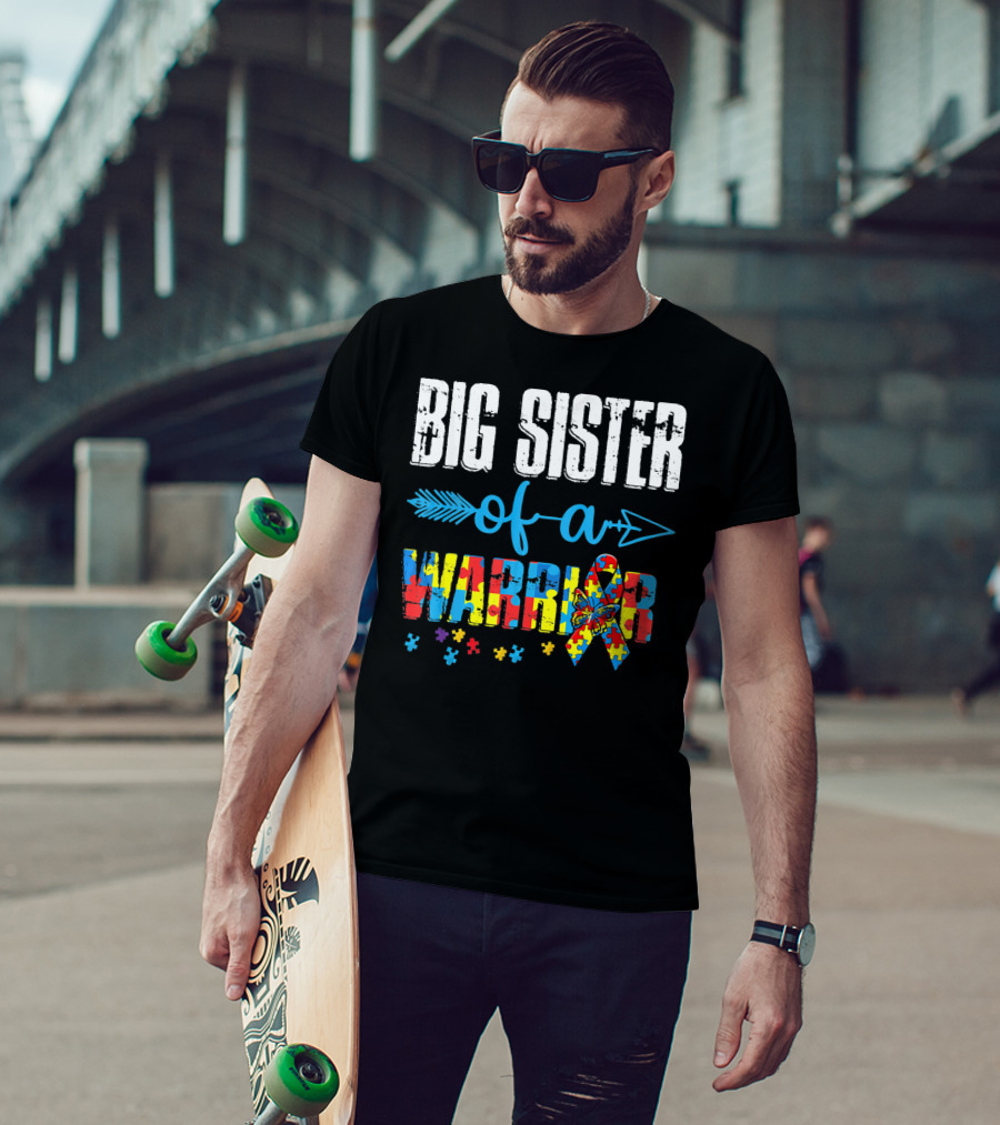 Big Sister Of A Warrior Autism Awareness Puzzle Ribbon And Butterfly T-Shirt