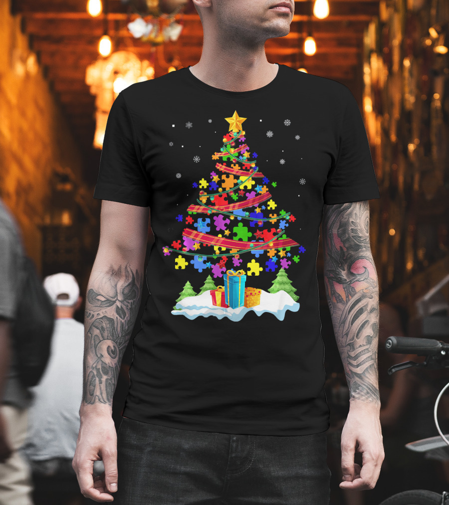 Autism Christmas Tree Puzzle Pieces and Gifts Festive T-Shirt