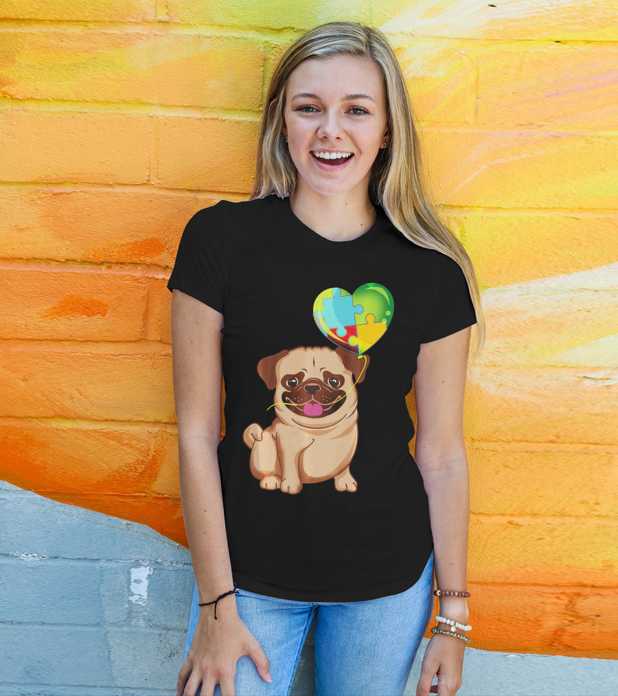 Autism Awareness Pug Puppy Heart Puzzle Balloon T-Shirt