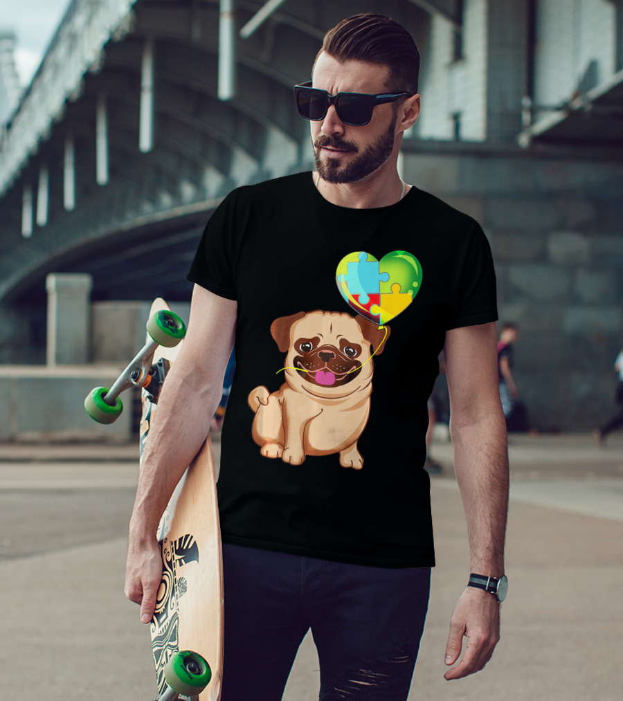 Autism Awareness Pug Puppy Heart Puzzle Balloon T-Shirt